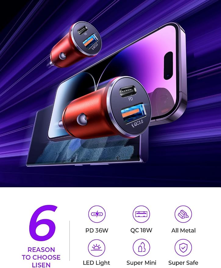 LISEN 2-Pack USB C Car Charger Adapter Fast Charge, 48W All Metal Cigarette Lighter USB Charger for iPhone 15 Smallest Flush Car Charger USB C for iPhone 14 Pro Max 13 12 Galaxy S23/22 iPad Pro-Red | Cigarette Lighter USB Charger, Car Accessories for M... - Image 2