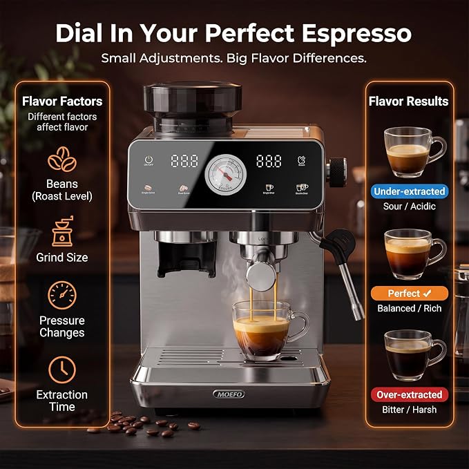 Espresso Machine with Grinder, 20-Bar Programmable Semi-Automatic Coffee Maker, Visual Pressure Gauge & Touchscreen, Compact Design with Tamper, Make Americano, Latte, Cold Brew, Silver - Image 7
