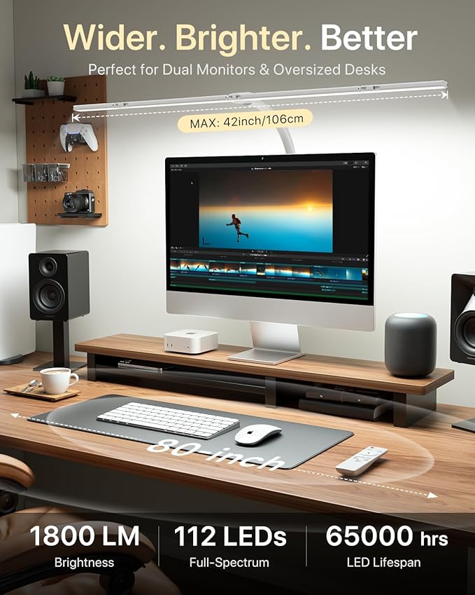 ONEMIX 42" LED Desk Lamp with Clamp, Architect Desk Light with Remote, Adjustable 4-Segment Bar, 1800LM Bright, Eye-Caring Desk Lamp for Home Office, Reading, Study, Dual Monitors, Workbench (White) - Image 4