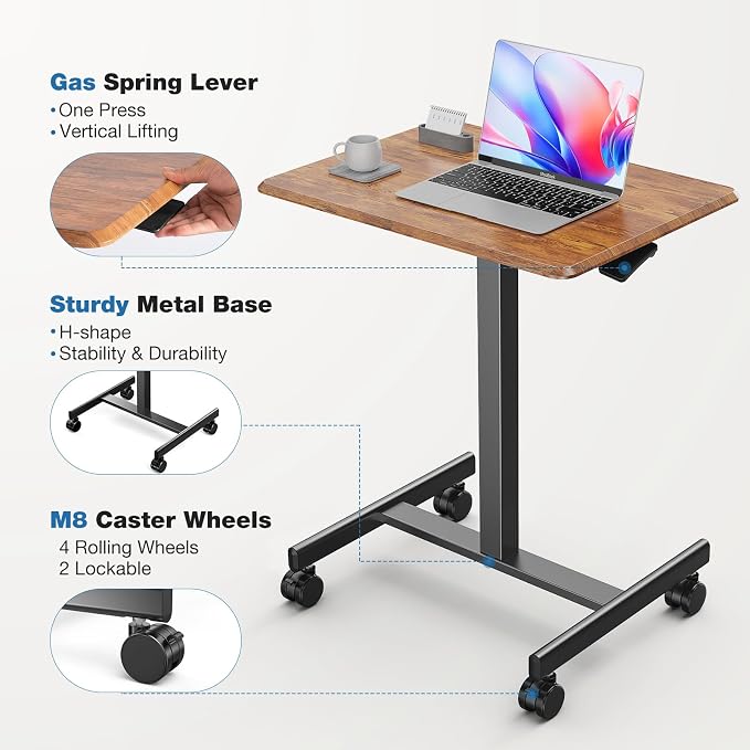 DUMOS Mobile Rolling Desk with Wheels Adjustable Height | Small Standing Desks Portable Laptop PC Table, Computer Workstation for Home Office Small Space, Modern Brown - Image 5
