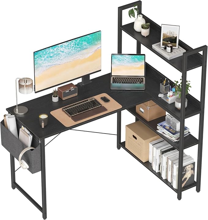 Treesland 47 Inch Computer Desk with Bookshelf, Corner Desk with Storage, L Shaped Desk, Home Office Desks, Writing Study Desk for Bedroom, Black by Treesland