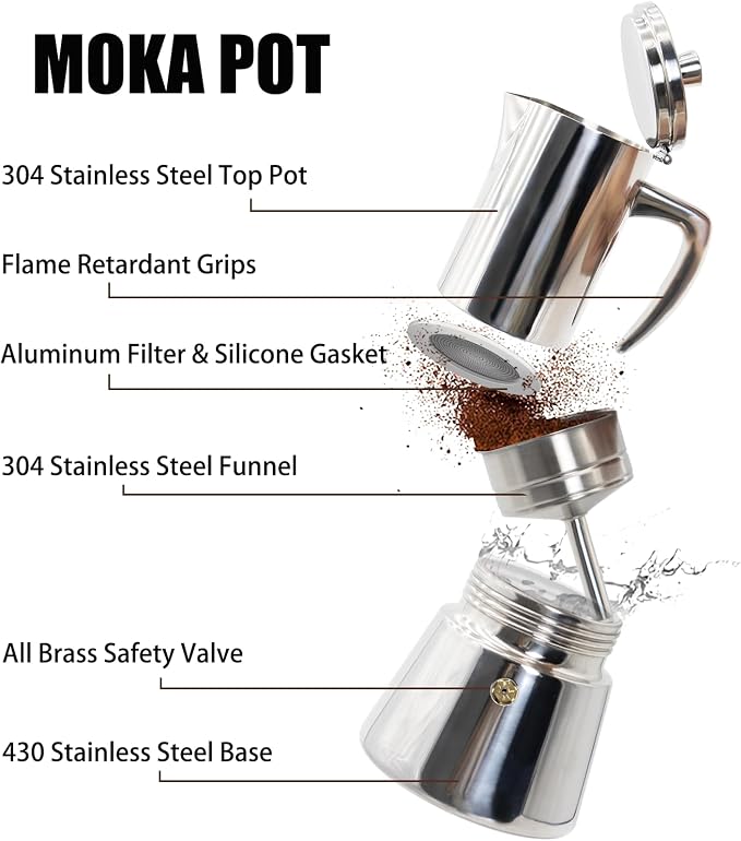 2 Cup Thickened 304 Stainless Steel Moka Pot Stovetop Espresso Maker Cafeteras Italian Percolator Espress Makers Capable Greca Mocha Coffee Machine for Induction Home and Camping 100ml 3.4oz - Image 4