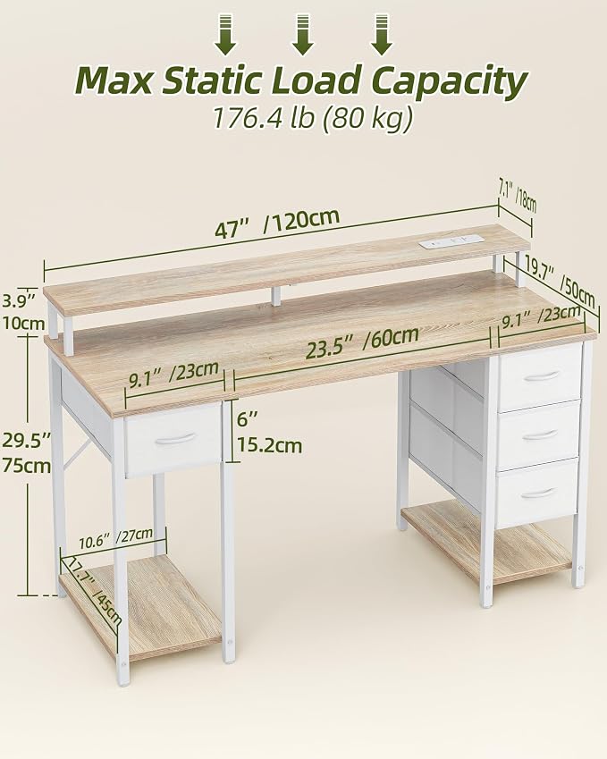 TIQLAB Computer Desk with 4 Drawers, 47 Inch Gaming Desk with LED Lights & Power Outlets, Home Office Desk with Monitor Stand, Study Writing Work Desk for Bedroom, Maple - Image 3