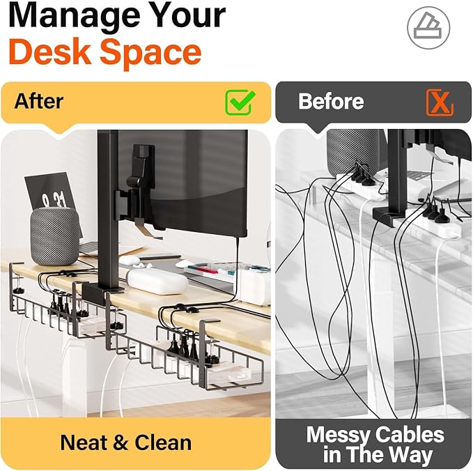 3 Pack Cable Management Under Desk Tray, 47.1" No Drill Under Desk Wire Management with Upgraded Clamp, Metal Cord Organizers with Cable Organizers, PC Cord Organization Rack, Black - Image 3