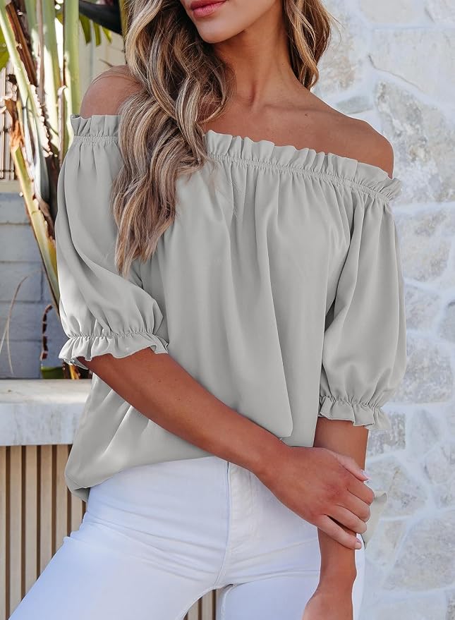 EVALESS Womens Tops Off The Shoulder Blouses for Women Dressy Casual Cute Puff Sleeve T Shirts Fashion 2026 - Image 3