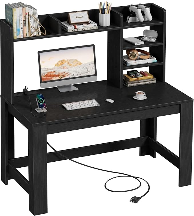 WINAZ 43" Black Gaming Desk with Hutch and Built-in Power Outlet | Modern Computer Desk with 3-Tier Storage Shelves and Hutch, Space-Saving Writing Table for Home Office by Unknown