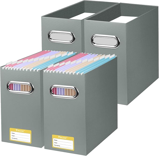 BALEINE File Organizer Box, Cardboard File Folder Organizer with Handle for Letter Size, Portable Collapsible Hanging Filing Box for Home Office Document Storage (4 Pack, Grey) by BALEINE