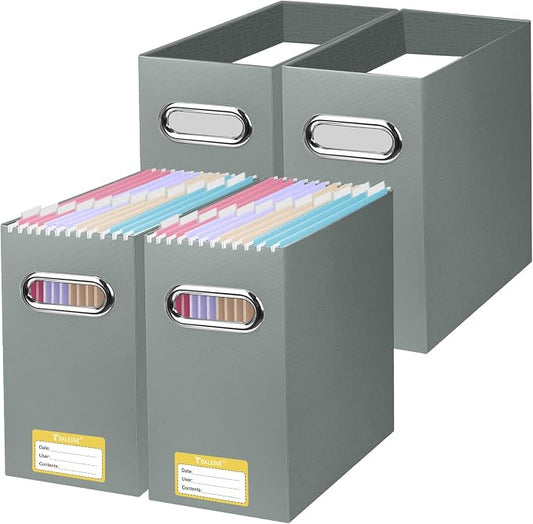 BALEINE File Organizer Box, Cardboard File Folder Organizer with Handle for Letter Size, Portable Collapsible Hanging Filing Box for Home Office Document Storage (4 Pack, Grey) by BALEINE