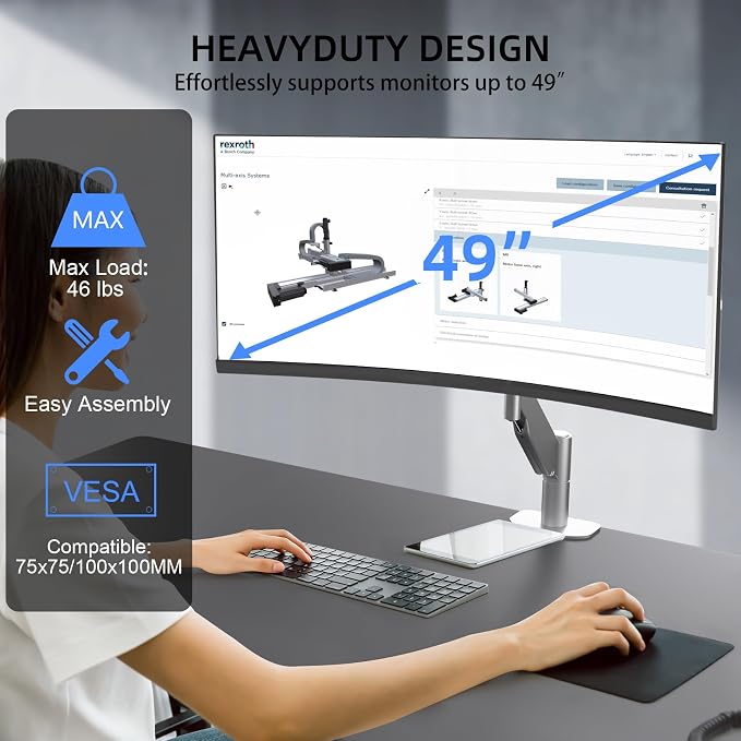 Suptek Ultrawide Monitor Arm Mount for 17 to 49 Inch Heavy Duty Curved Screen,Holds 46.2 lbs,Adjustable Gas Spring Monitor Arm Desk Mount Stand,75/100 Vesa Mount,Silver(MD71LS) - Image 2