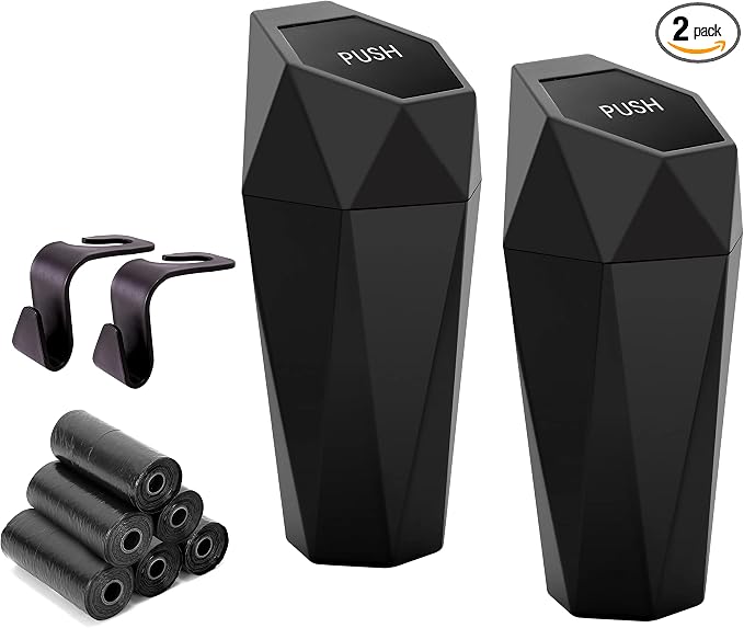 Ginsco Car Trash Can Cup Holder, 2 Pack Mini Trash Can with Lid, Car Accessories for Interior, Leakproof Small Trash Cup for Home with Additional 2 ABS Hooks and 90pcs Trash Bags Black by Ginsco