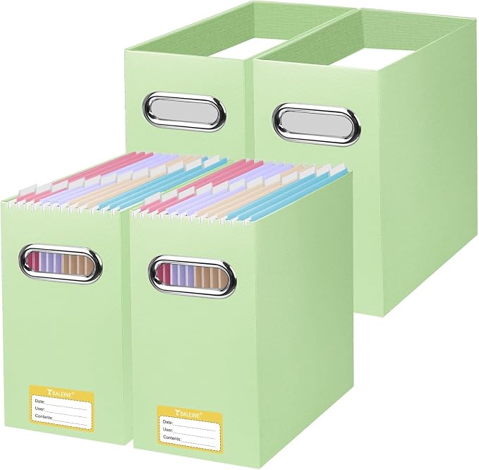 BALEINE File Organizer Box, Cardboard File Folder Organizer with Handle for Letter Size, Portable Collapsible Hanging Filing Box for Home Office Document Storage (4 Pack, Green) by BALEINE