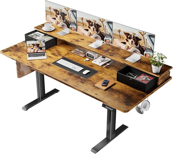 Veken 63x28 in Electric Standing Desk with Drawers, Adjustable Table, Brown | Stand up Computer Desk for Home Office, Work & Study, with Storage, 3 Memory Presets, Cable Organizer, Hook, and Quiet Lift. by Veken