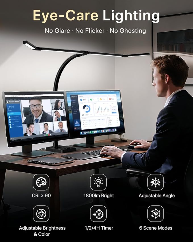 ONEMIX 42" LED Desk Lamp for Home Office, Eye-Caring Desk Light with Adjustable 4-Segment Bar, 1800LM Bright, Remote, Architect Table Lamp with Base for Dual Monitors, Reading, Study, Workbench(Black) - Image 7