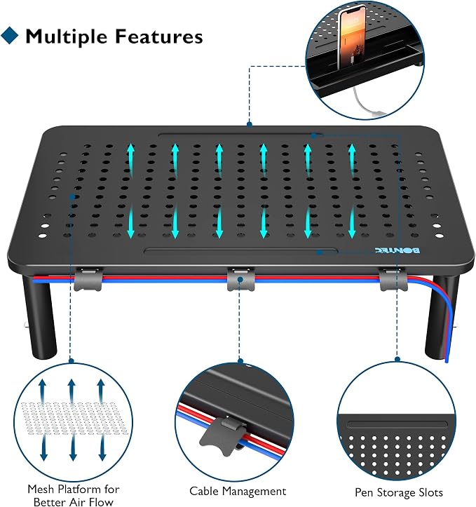 BONTEC 1 Pack Adjustable Monitor Stand Riser with Drawer, Supports 44lbs | Ergonomic Mesh Platform for Desk, Ventilated Laptop and PC Use with Cable Management for a Cooler, Organized Workspace - Image 4