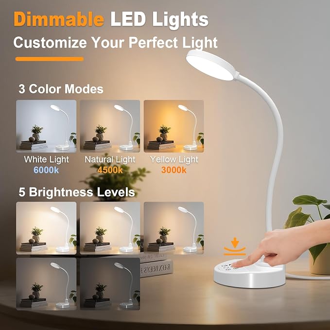 15W LED Desk Lamp with USB Charging Ports, [Button & Remote Control] Dimmable Table Lamp with 3 Color Modes, 5 Brightness Levels, 4 Timers, Flexible Reading Light for Home Office, Bedroom, Kids Study - Image 2
