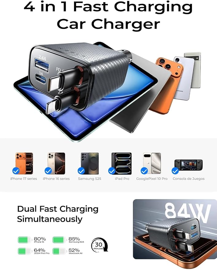 LISEN Retractable Car Charger, 84W Car Charger USB C Fast Charger Adapter, Car Accessories for Men Women, Gifts for Fathers Day for Men Dad Husband, for iPhone 17 16 15 14 13 12 Pro Max, Carbon-Grey | Multiple Ports Car Charger, Retractable Car Charger... - Image 7