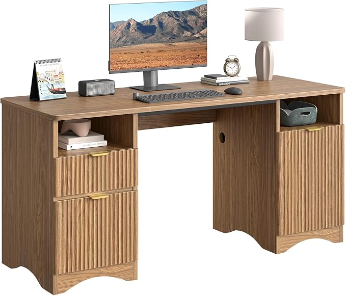 Bestier 59 inch Computer Desk with 2 Drawers, Office Desk with Storage File Cabinet and 2 Open Storage Shelves, Modern Fluted Executive Desk for Home Office Bedroom, Brown Oak - Image 7