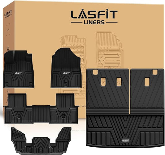 LASFIT Floor Mats & Trunk Mat with Backrest Mat for Honda Pilot 2023-2025 2026, Split & One-Piece Foldable Seating All Weather TPE Floor Liners 1st & 2nd & 3rd Row & Cargo Mat with Seatback Mat, Black by LASFIT