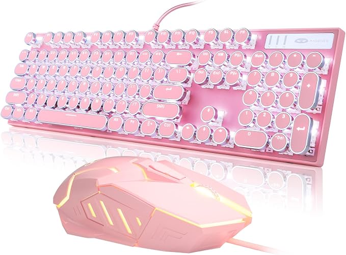 Retro Pink Typewriter-Style Keyboard and Mouse Combo, Cute Light Up Wired Mechanical Keyboard with Linear Red Switches, Full Size for Gaming, Work, Mac, PC, Windows - Image 9
