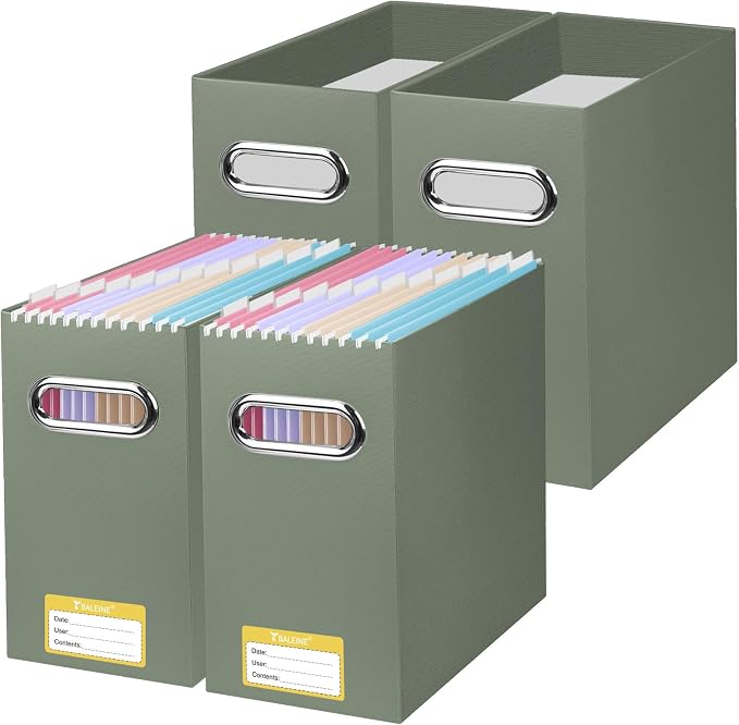 BALEINE File Organizer Box, Cardboard File Folder Organizer with Handle for Letter Size, Portable Collapsible Hanging Filing Box for Home Office Document Storage (4 Pack,Olive) by BALEINE