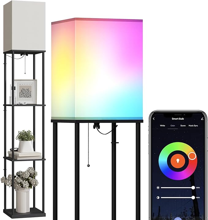 SUNMORY Floor Lamp with Shelves, Smart APP Control Standing Lamps with RGB Bulb, 4-Tier Dimmable Floor Lamps for Living Room, Tall Lamp for Bedroom, Office, Corner Display Bookshelf Lamp by SUNMORY