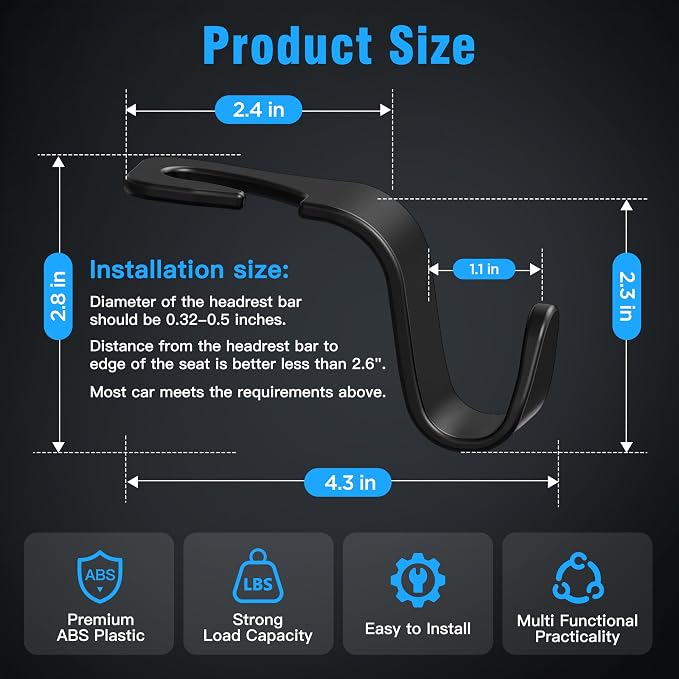 Amooca 4-Pack Car Headrest Hooks –Holds 55lbs Vehicle Storage Organizer for Purses Handbags Groceries Backpack Coats 360° Rotating Black - Image 6