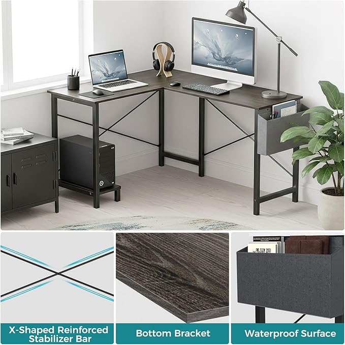 OLIXIS L Shaped Desk, Gaming Desk, Corner Table 50 Inch | Side Bag, Reversible Shelf, Home Work Study Writing, PC Workstation, Easy Assembly, Grey - Image 4