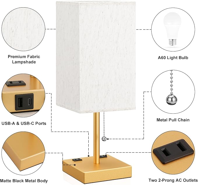 Gold Bedside Lamp for Bedroom - 3 Color Temperatures, USB A+C, 2 AC Outlets | Pull Chain Switch, LED Bulb Included, Cream Fabric Shade, 17.4" Table Lamp for Nightstand, Desk, Living Room, Office - Image 5