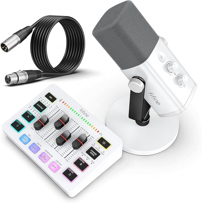 FIFINE Gaming Equipment Bundle, XLR/USB Streaming Dynamic Microphone with Audio Mixer Set, Podcast Recording Mic with Gain Knob, PC Mixer with Slider Fader Kit for Video, Game Voice-Ampligame KS5W by FIFINE