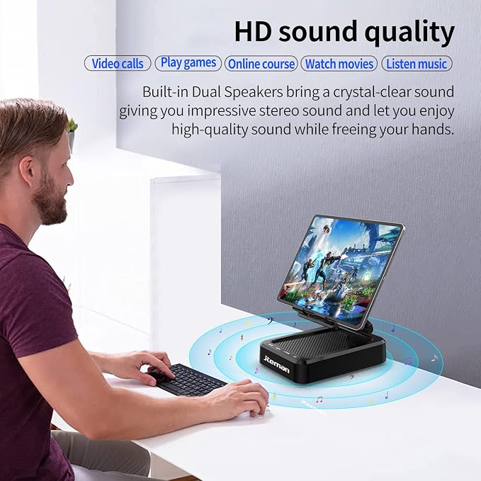 JTEMAN Tablet Stand Adjustable with Bluetooth Speakers,Kitchen Gadgets,Gifts for Women Men,Wireless Bluetooth Speaker Tablet Holder,Desk Mic Charging Sation Compatible with Phones and Tablet - Image 3