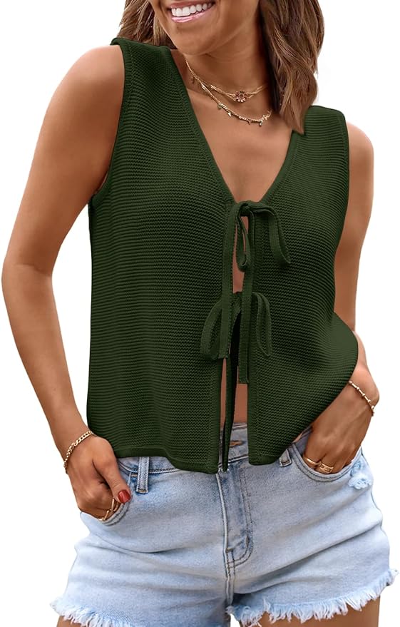 LILLUSORY Womens Tie Front Tops Vacation Sweater Vest | Bohemian Style, Beach Resort Wear, Concert Western Outfits, Crochet Tops, Vacation Outfits, Cute Y2k Sleeveless 2026 by Lillusory