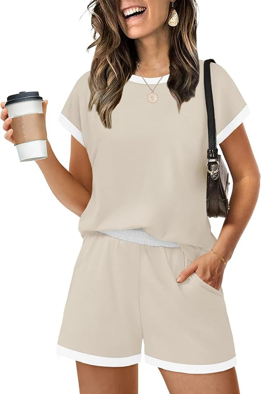 WIHOLL Two Piece Sets for Women Summer Lounge Short Sets Cap Sleeve Crew Neck Sweatsuit with Pocket XS-2XL by WIHOLL