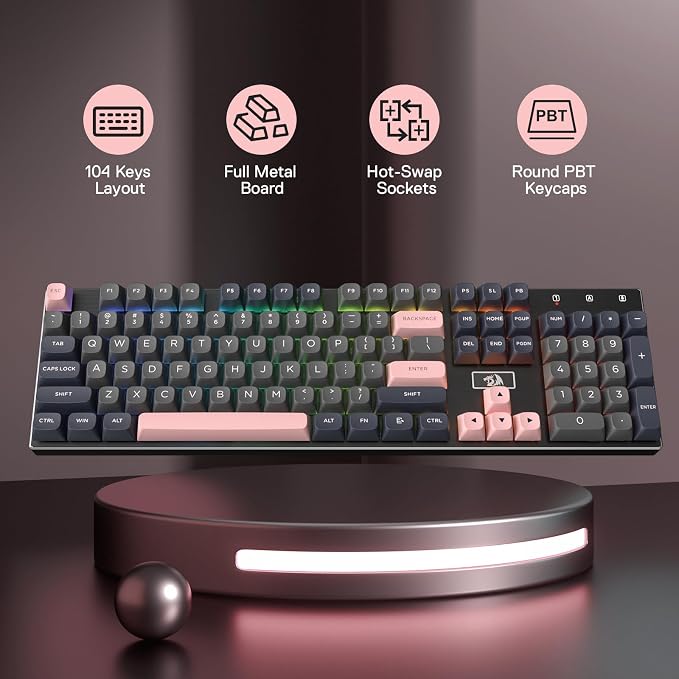 Redragon K556 Wired RGB Mechanical Gaming Keyboard, 104-Key Aluminum Board | Rock-Solid Metal Build, 20 Backlits for Immersive ESports Vibe, Hot-swap Creamy Custom Linear Switch, PBT Round Keycaps - Image 2