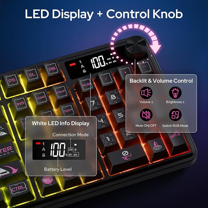 Redragon K526 PRO Wireless RGB Membrane Gaming Keyboard, LED Screen & Knob | See Battery, Mode & Time at a Glance, 0-Delay Tri-Mode, One-Touch Backlit & Media Adjust, 26-Key Anti-Ghost for Combo-Strike - Image 3