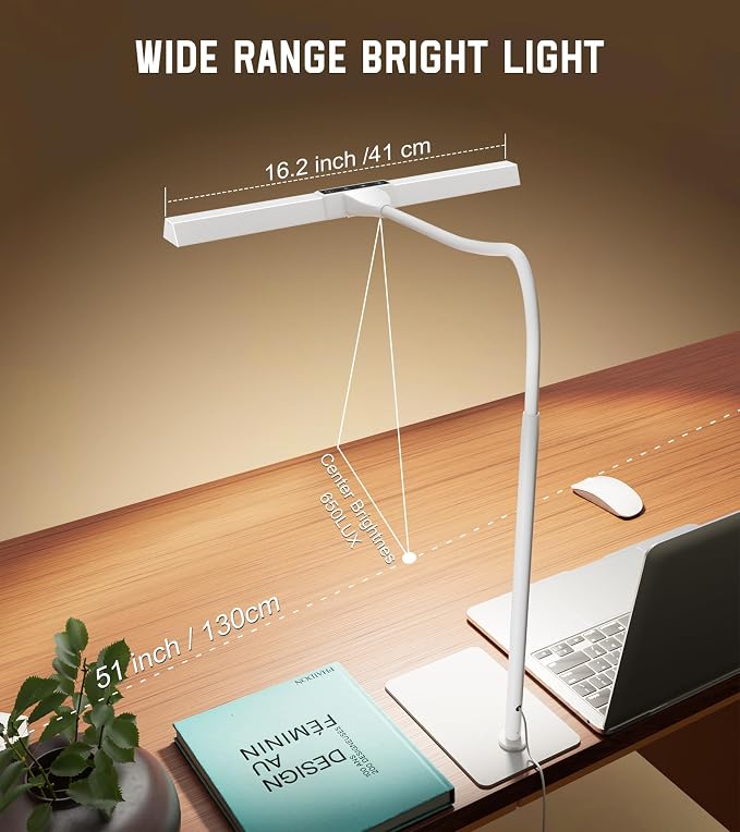 LED Desk Lamp for Home Office with Base, Eye-Caring Desk Light 12W | Tall Lamp for Computer Monitor Task Reading, Adjustable Gooseneck, 5 Dimmable Brightness & Color, Touch Control, Timer - Image 2