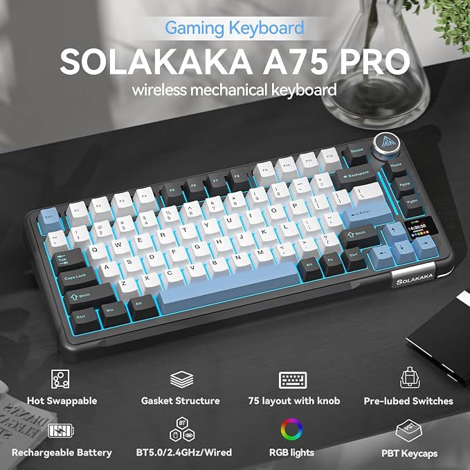 SOLAKAKA A75 PRO Black Gaming Keyboard 75% Wireless Mechanical with Screen and Knob, RGB Backlit Hot Swappable Gasket Pre-lubed PBT Keycaps for PC/Mac/Win - Image 2