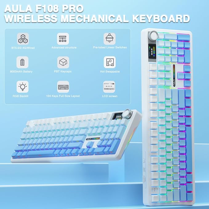 AULA F108 PRO - Wireless Mechanical Keyboard with Screen&Knob,Hot Swappable Gaming Keyboard with 8000mAh Battery,Pre-lubed Switches,RGB Backlit,PBT Keycaps Creamy Sounding Computer Keyboards,104 Keys - Image 2