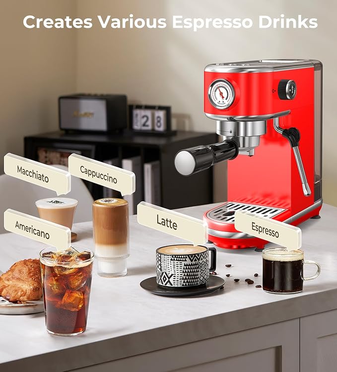 atatix 20 Bar Espresso Machine with Milk Frother, Compact Espresso Maker | Stainless Steel Coffee Machine with Precise Temp Control & 44oz Removable Water Tank for Latte, Cappuccino, Red - Image 2