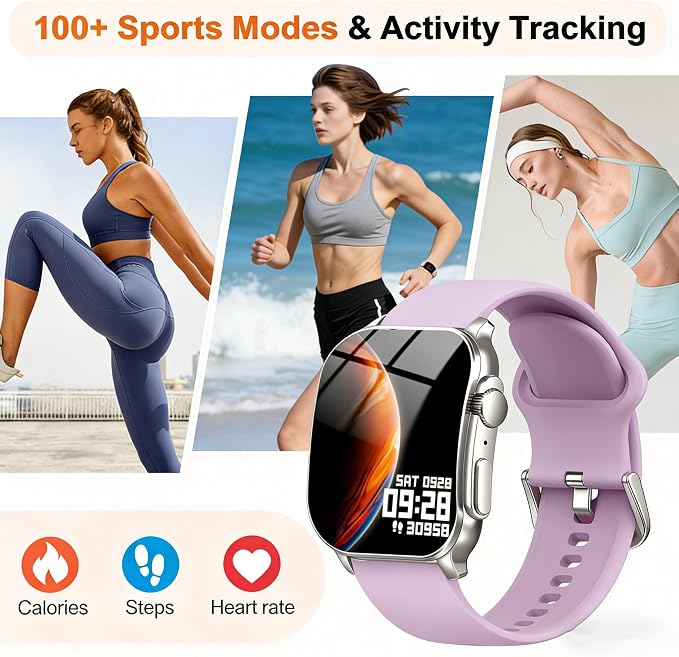 Smart Watch, 2.01" AMOLED Curved HD Full Touch Screen, Compatible with iOS & Android for Daily Workout Business Gift, Fitness Tracker with 24/7 Heart Rate/Sleep Monitor, IP68 Waterproof Watch Purple - Image 2