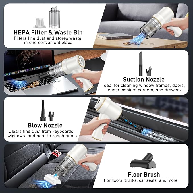 KMM Handheld Car Vacuum Cleaner, 9000PA Vacuum Cleaner & Air Duster, 120W High Power Vacuum Portable Cordless, Hand Held Vacuum Rechargeable with Multi-Nozzles & LED Light for Home, Car, Office - Image 5