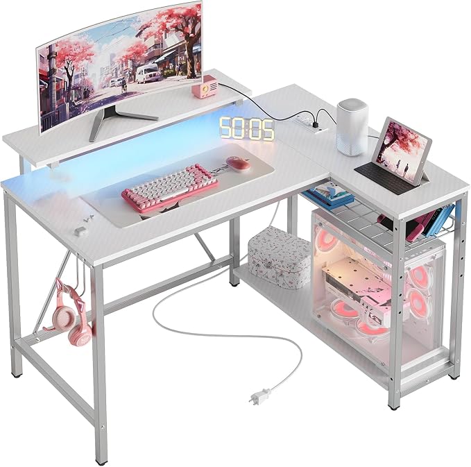 Bestier 42-Inch L-Shaped Computer Desk with Charging & LED, White | Charging 2AC+USB+Type-C, RGB LED 7 Colors/22 Modes, Reversible Storage Shelves, Headphone Hook, Small Space, 42x31.5 in by Bestier