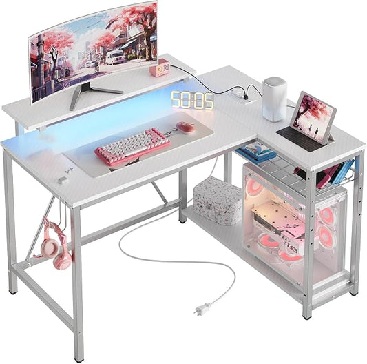 Bestier 42-Inch L-Shaped Computer Desk with Charging & LED, White | Charging 2AC+USB+Type-C, RGB LED 7 Colors/22 Modes, Reversible Storage Shelves, Headphone Hook, Small Space, 42x31.5 in by Bestier