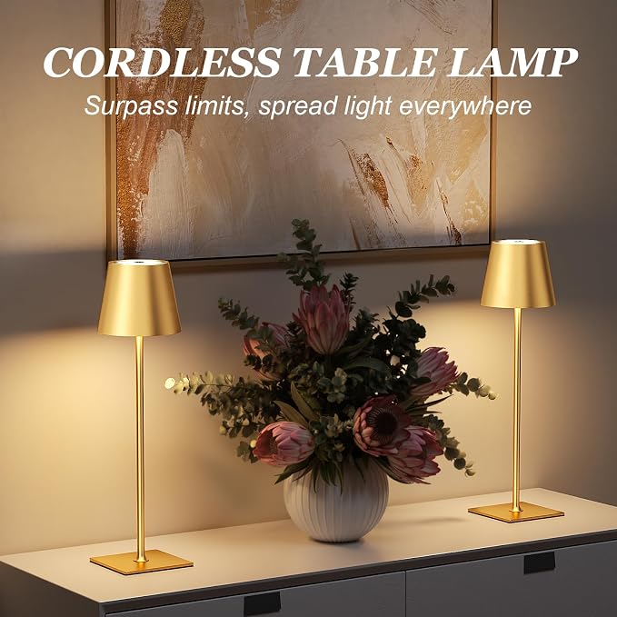 Kakanuo Gold Cordless Rechargeable Table Lamp 5000mAh Battery Operated Lamps, 3 Colors Stepless Dimming Touch Lamp for Living Room, Kitchen Counter, Dining, Outdoor Patio, 2 Pack - Image 4