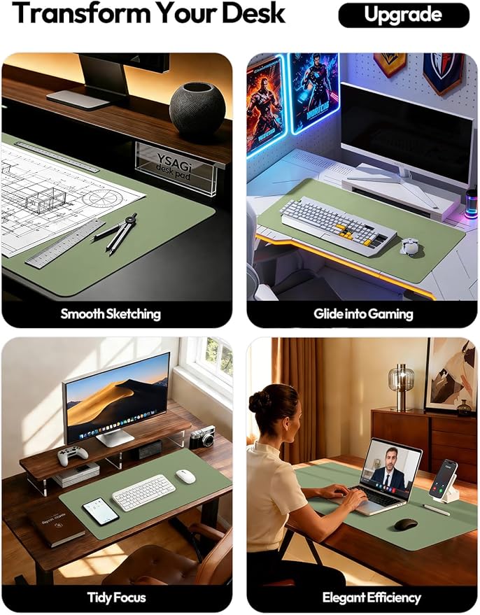 YSAGi Leather Desk Protector, Office Mat, Large Mouse Mat, Non-Slip PU Leather Blotter, Laptop Desk Mat, Waterproof Writing Pad for Office and Home (Bamboo Green, 31.5" x 15.8") - Image 2