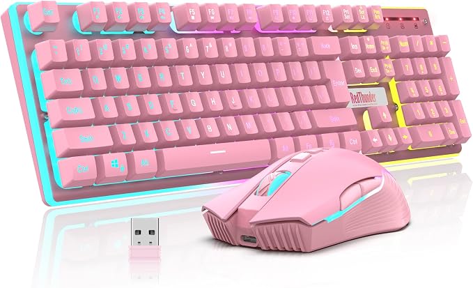 RedThunder K10 Wireless Gaming Keyboard and Mouse Combo, LED Backlit Rechargeable 3800mAh Battery, Mechanical Feel Anti-ghosting Keyboard + 7D 3200DPI Mice for PC Gamer (Pink) by RedThunder
