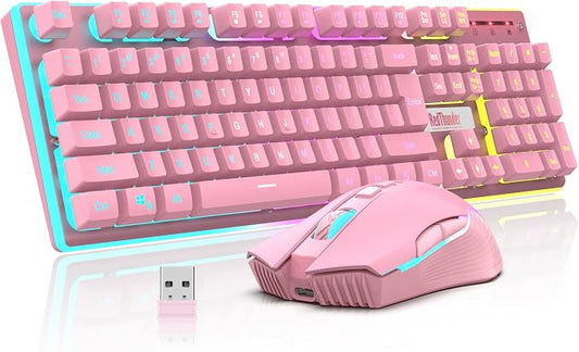 RedThunder K10 Wireless Gaming Keyboard and Mouse Combo, LED Backlit Rechargeable 3800mAh Battery, Mechanical Feel Anti-ghosting Keyboard + 7D 3200DPI Mice for PC Gamer (Pink) by RedThunder
