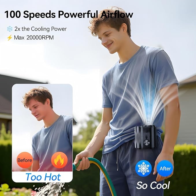 KIMMOO AI Portable Rechargeable Waist Fan with Ice Cooler, 24H Max Cooling, 100-Speed 20000RPM Turbo Cooling Battery Personal Fan, Hands-Free Shirt/Belt/Neck Fan for Work Outdoor Travel, Black - Image 4
