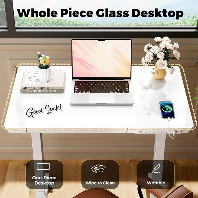 32" Glass Standing Desk with Drawer, Small Electric Desk | Height Adjustable Quick Install One-Piece Tabletop with USB Charging Ports, Sit Stand Computer Desk for Compact Space, White - Image 7
