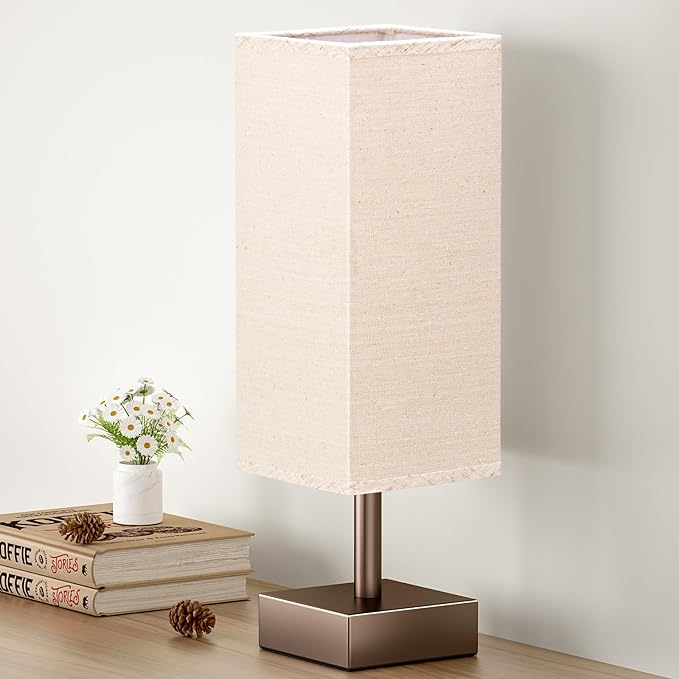 aooshine Browm Small Bedside Lamp for Bedroom - Square Beige Fabric Shade | Inline Rocker Switch, Corded Electric, Bulb Not Included, 12.8" Mini Table Lamp for Nightstand, Desk, Dorm, Office by Aooshine
