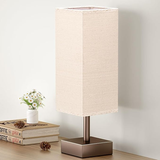 aooshine Browm Small Bedside Lamp for Bedroom - Square Beige Fabric Shade | Inline Rocker Switch, Corded Electric, Bulb Not Included, 12.8" Mini Table Lamp for Nightstand, Desk, Dorm, Office by Aooshine